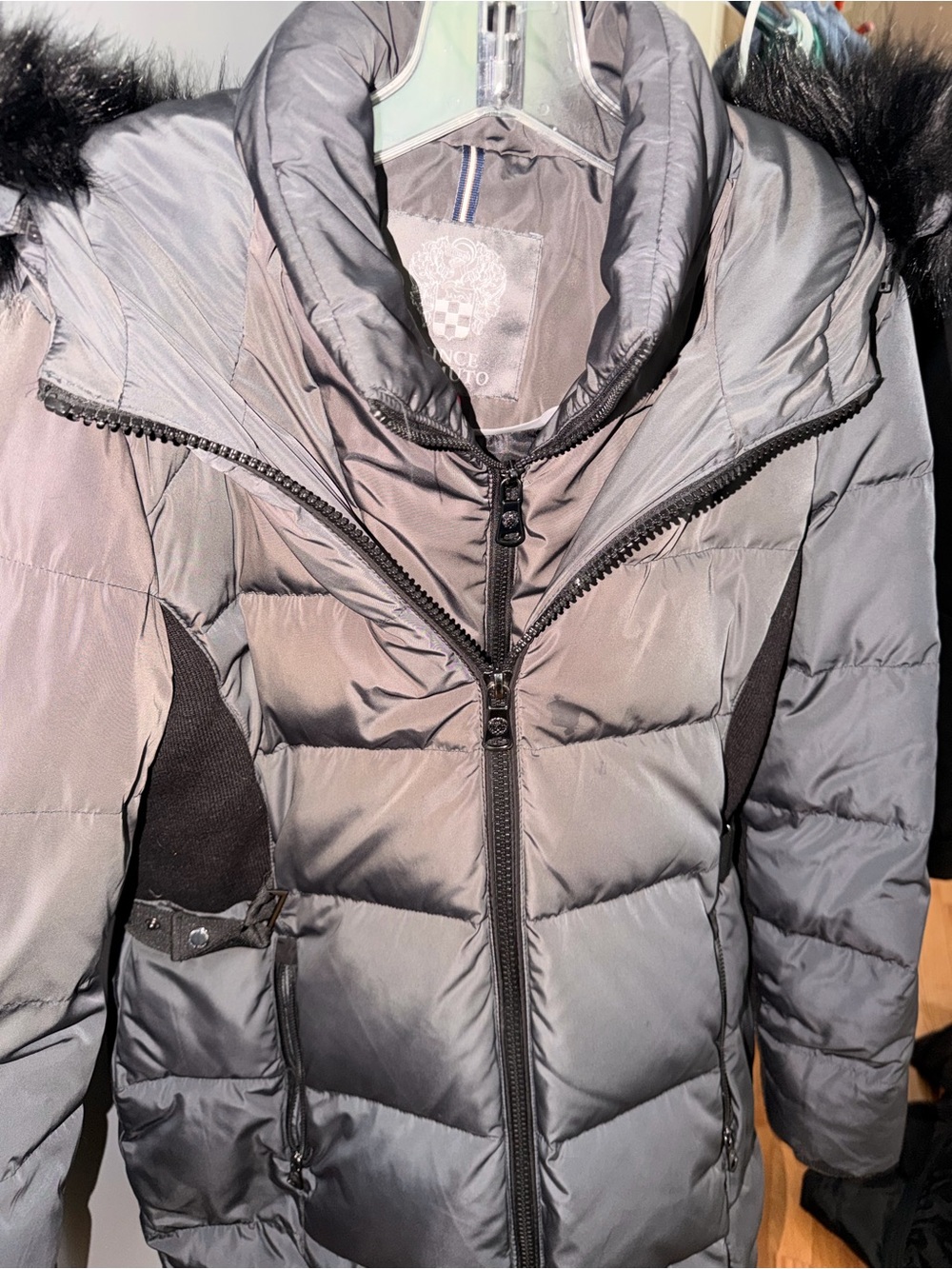 Vince Camuto Black Quilted Puffer Coat with Faux-Fur Trim